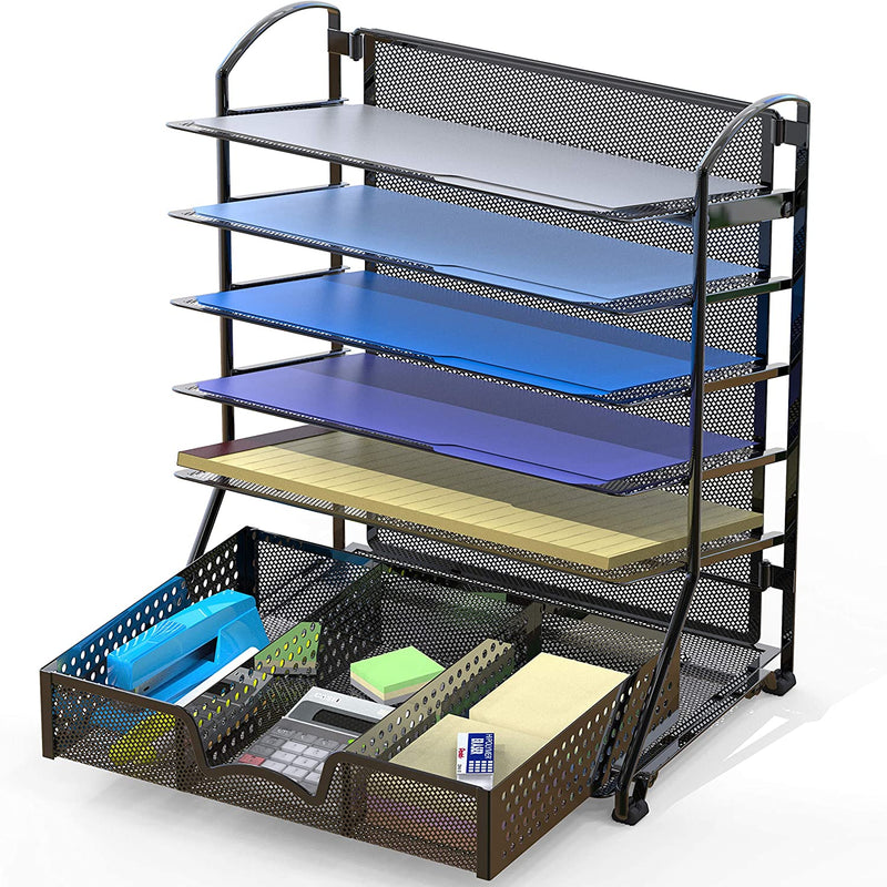 6-Tray Mesh File Organizer With Sliding Drawer