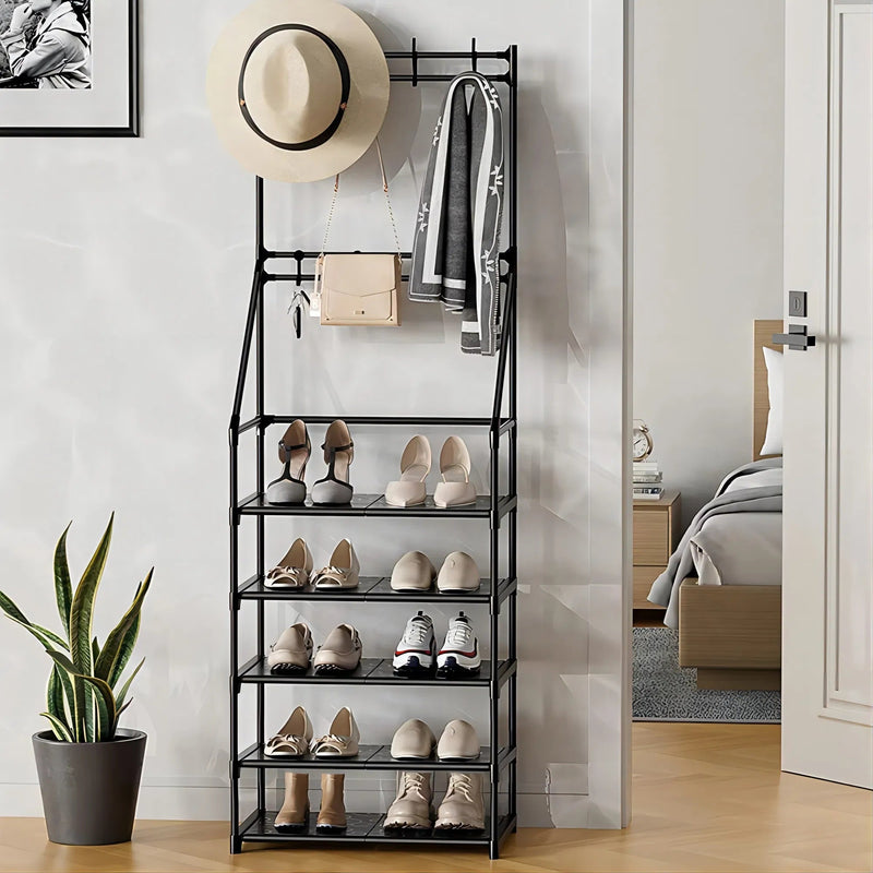5-Tier Narrow Shoe Rack With Coat Hooks